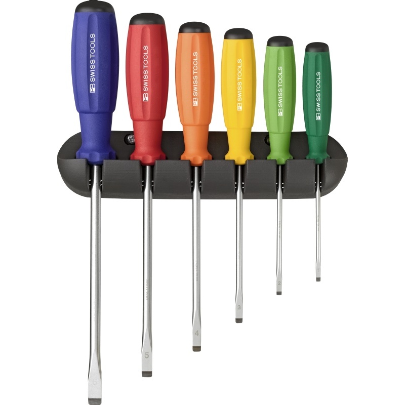 PB Swiss Tools 8240.RB SwissGrip RainBow schroevendraaierset, zaagsnede, in wandhouder